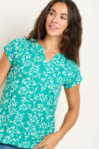 Notch Neck Bamboo Leaves T-Shirt