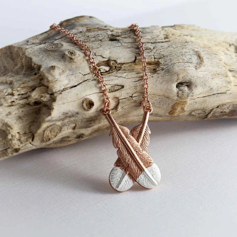 Crossed Huia Feather Necklace - Rose Gold