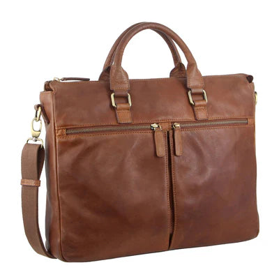 Pierre Cardin Men's Leather Laptop Bag  - Dark Tan