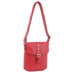 PIERRE CARDIN WOVEN LEATHER CROSS BODY BAG WITH FLAP - RED