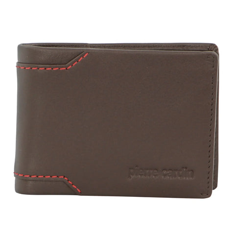 PIERRE CARDIN LEATHER MEN'S BI-FOLD WALLET WITH CENTRAL FLAP - BROWN