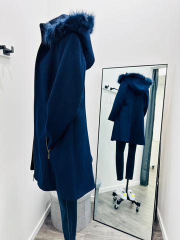 Sabena Wool Blend Coat with Hood - Dark Blue