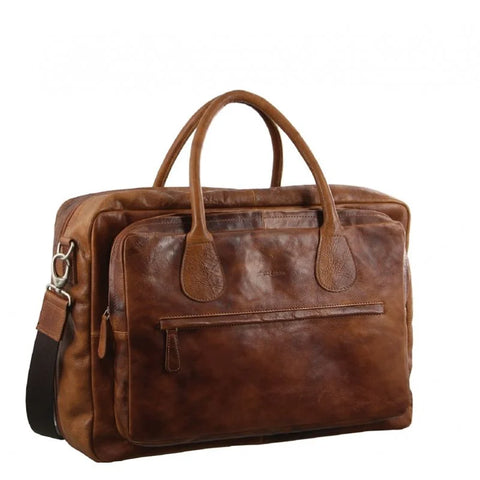 Pierre Cardin Rustic Leather Business Overnight Bag - Cognac