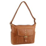 PIERRE CARDIN LEATHER CROSS BODY BAG WITH WOVEN FRONT POCKET - TAN